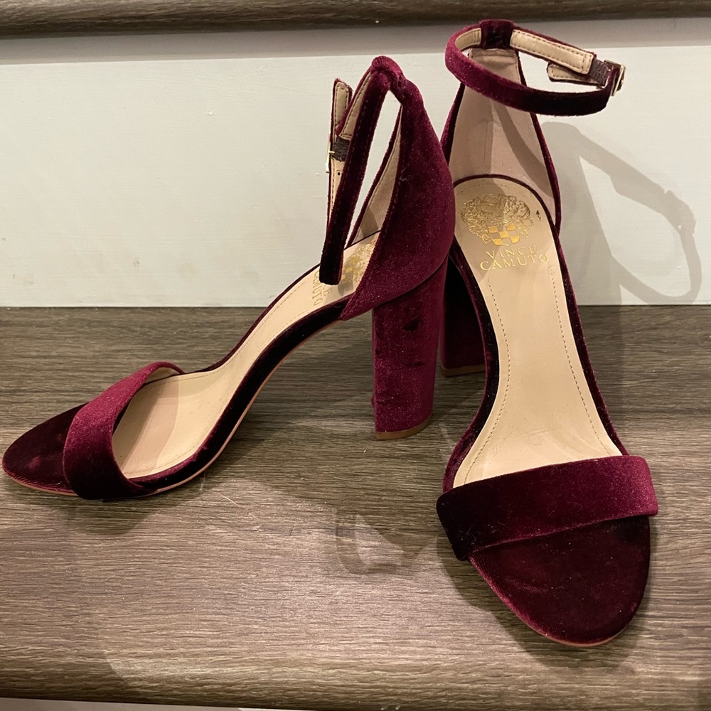 Vince red velvet heels
